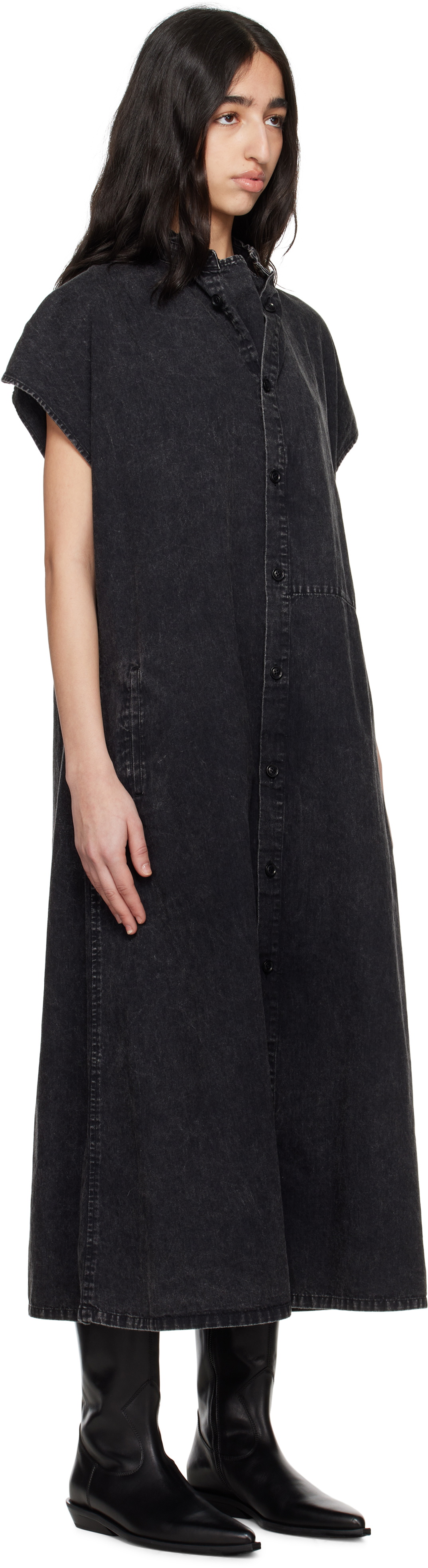 Y's Black 6oz Bleached Denim French Sleeve Shirt Maxi Dress