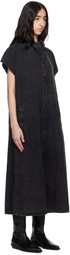 Y's Black 6oz Bleached Denim French Sleeve Shirt Maxi Dress