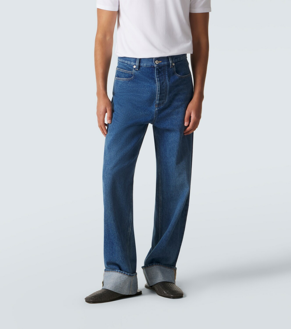 Bottega Veneta Leather-trimmed wide-leg jeans