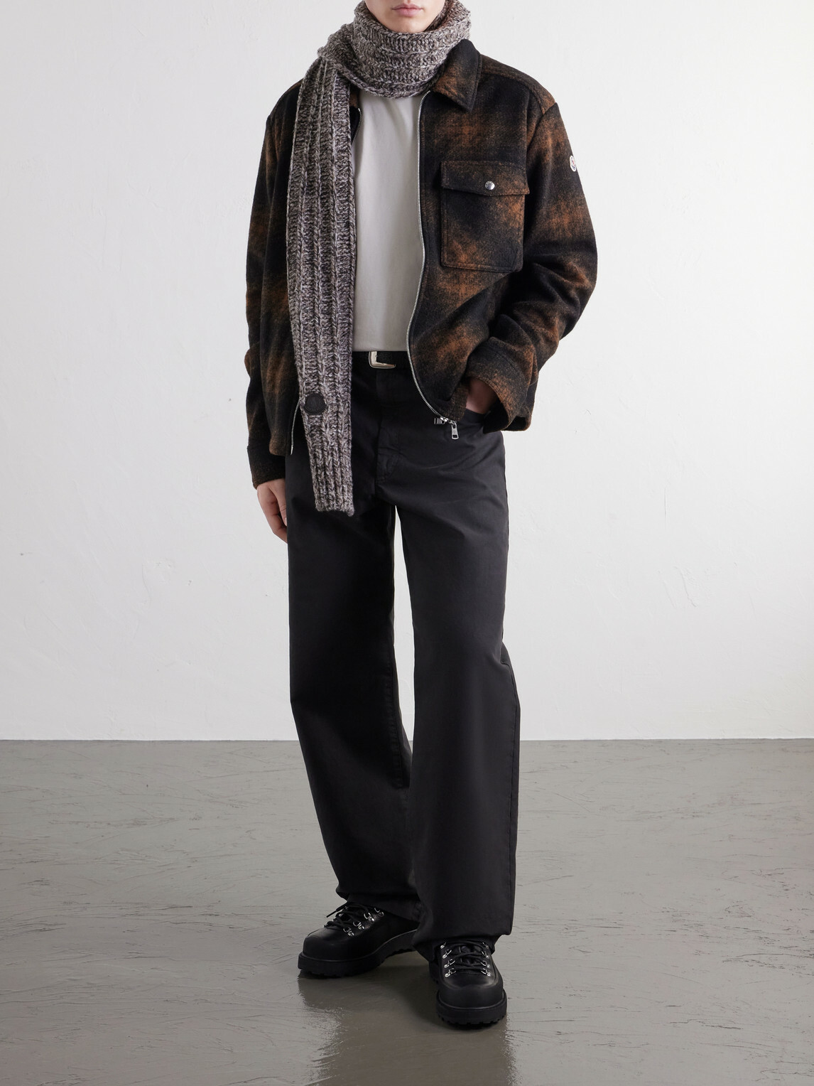 Moncler - Logo-Appliquéd Ribbed Wool-Blend Scarf - Brown