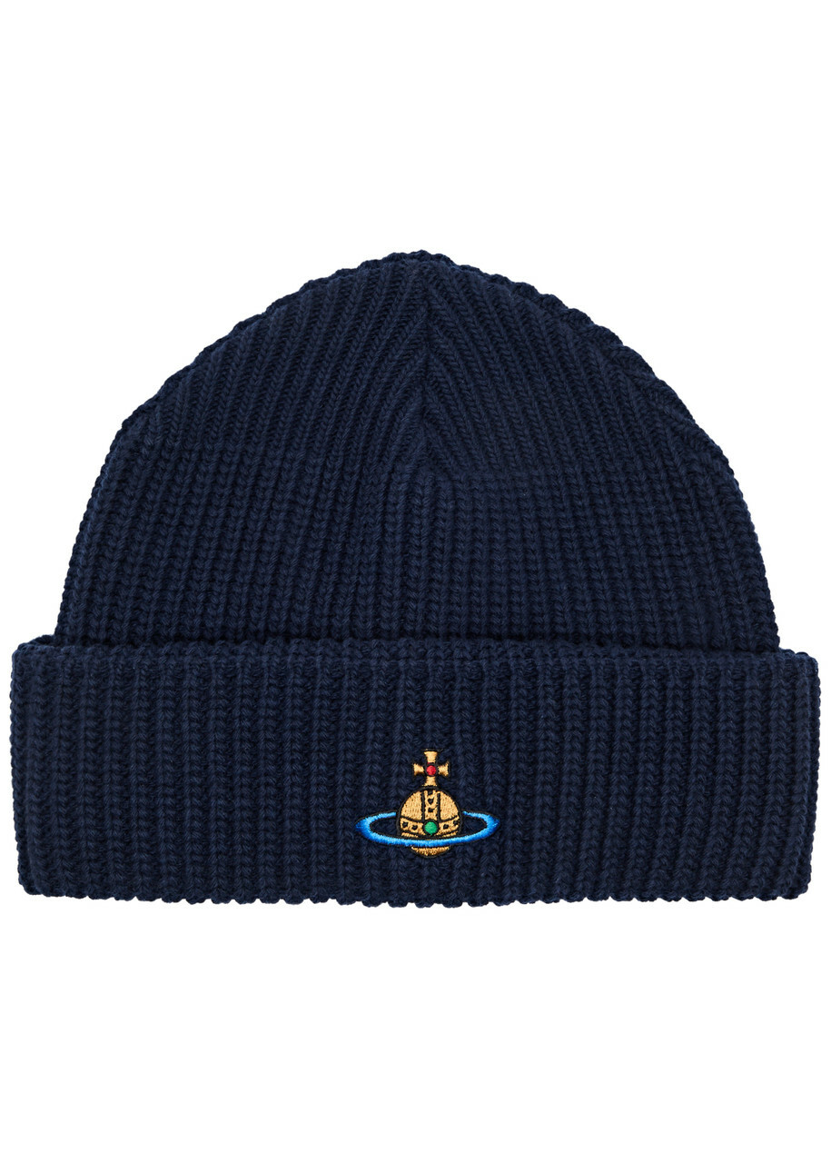 Vivienne Westwood Orb-embroidered Ribbed Wool Beanie - Navy - One Size