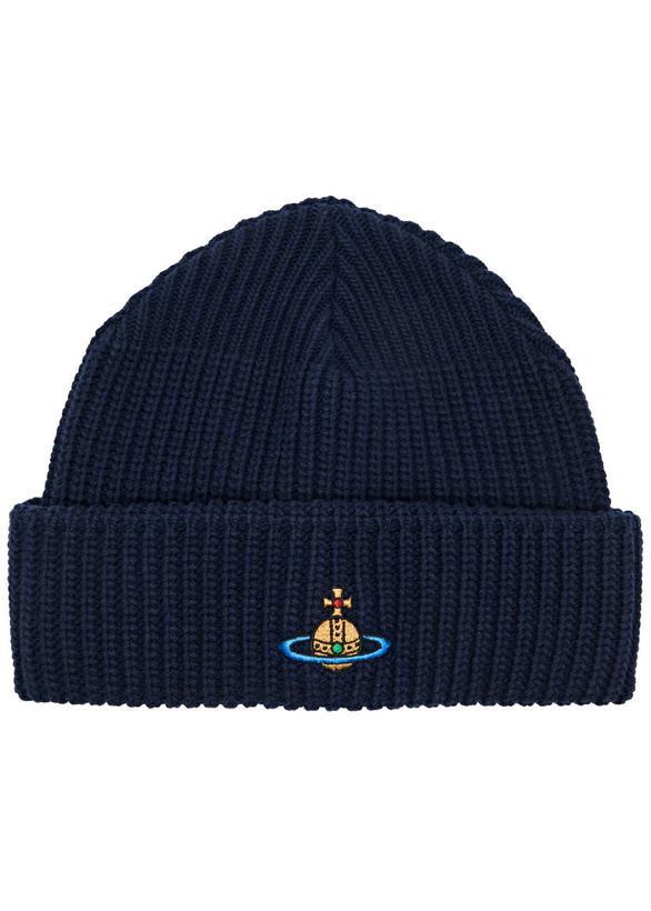 Photo: Vivienne Westwood Orb-embroidered Ribbed Wool Beanie - Navy - One Size