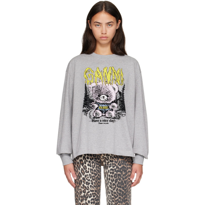 Photo: GANNI Gray Long-Sleeve Teddy Forest T-shirt