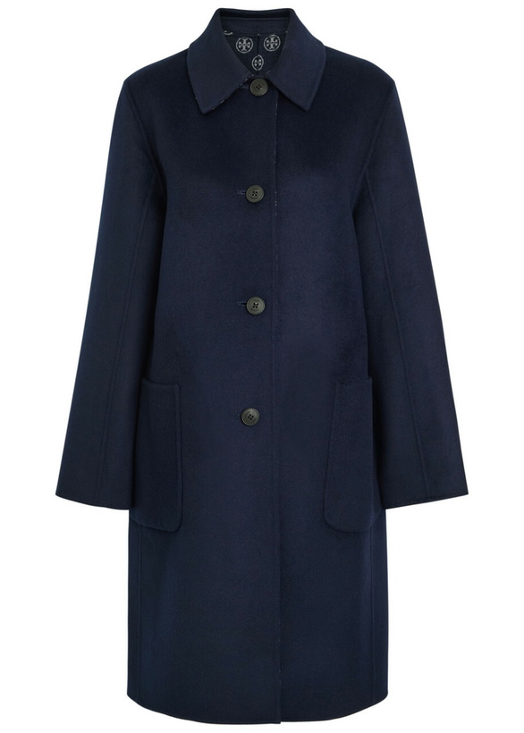 Photo: Tory Burch Logo-intarsia Wool-blend Coat Navy