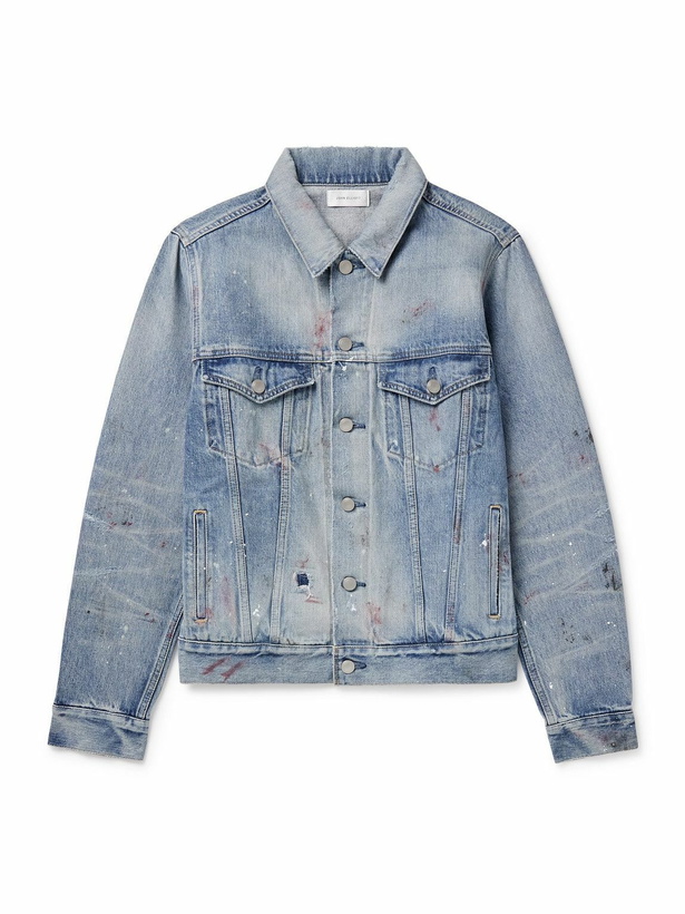 Photo: John Elliott - Thumper Type III Distressed Paint-Splattered Selvedge Denim Trucker Jacket - Blue