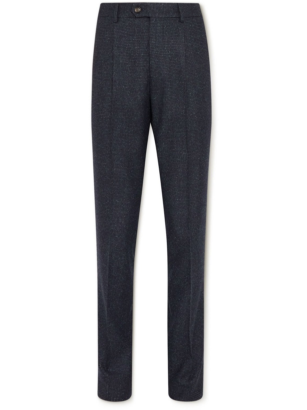 Photo: Brunello Cucinelli - Pleated Houndstooth Virgin Wool and Silk-Blend Suit Trousers - Blue