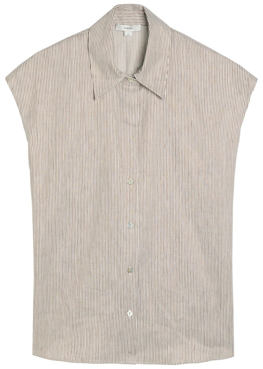 Vince Ticking Striped Linen and Cotton-blend Blouse Taupe