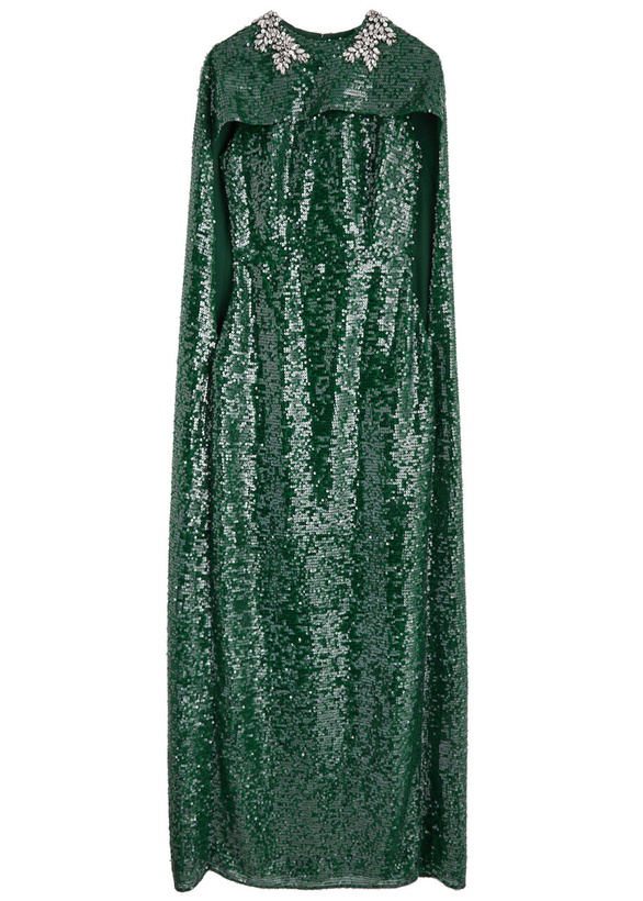 Photo: Erdem Sequin-embellished Cape-effect Chiffon Gown Green Dark