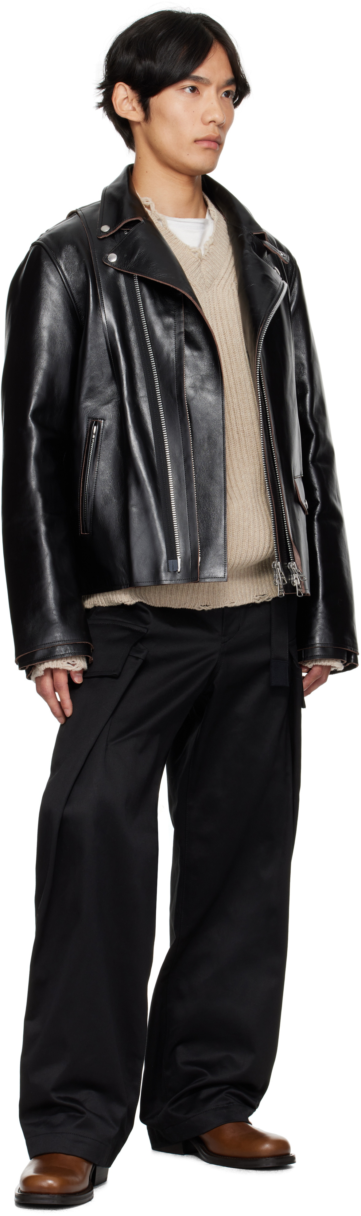 sacai Black Zip Leather Jacket Sacai