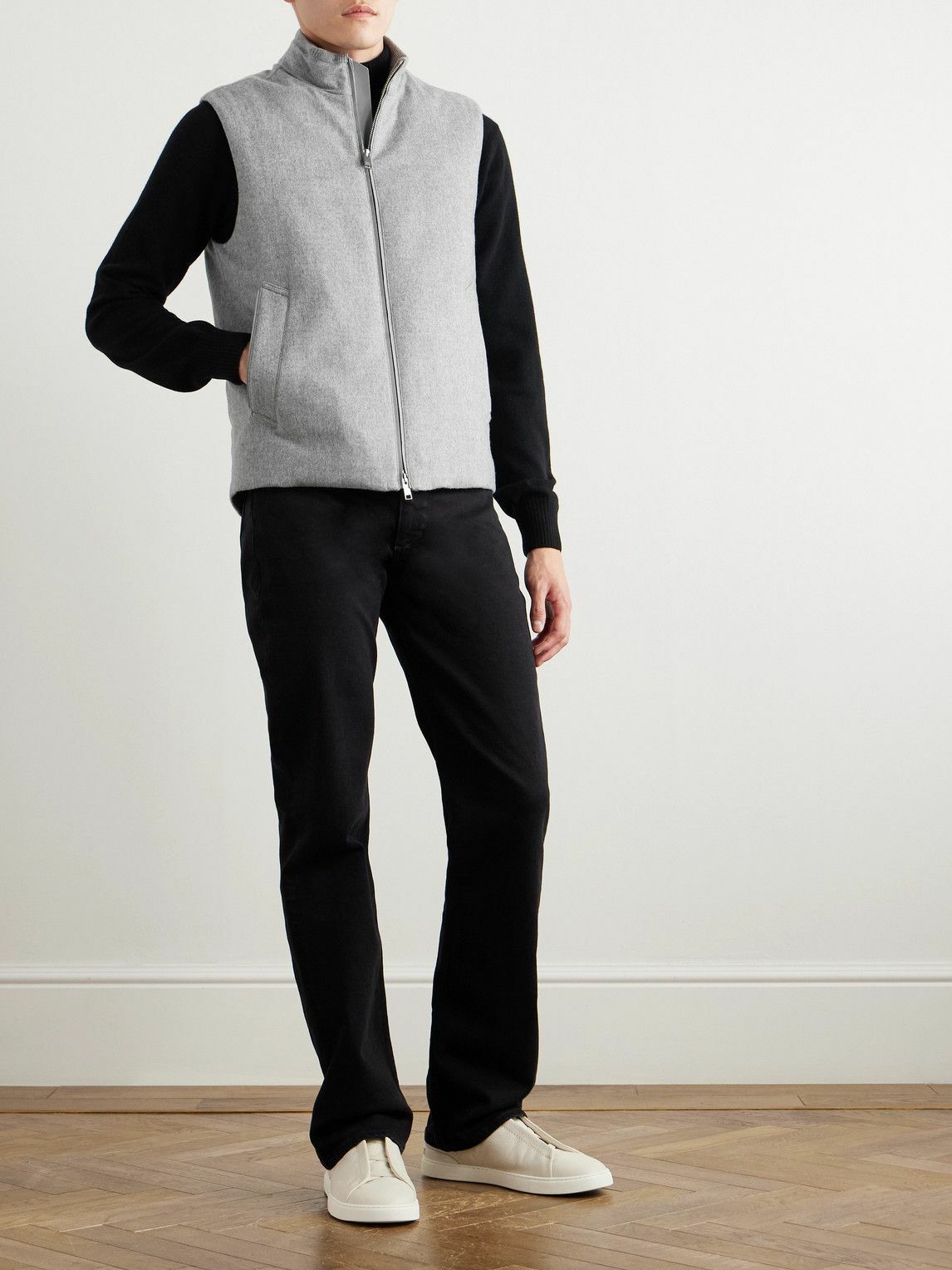 Zegna - Elements Leather-Trimmed Oasi Cashmere Down Gilet - Gray
