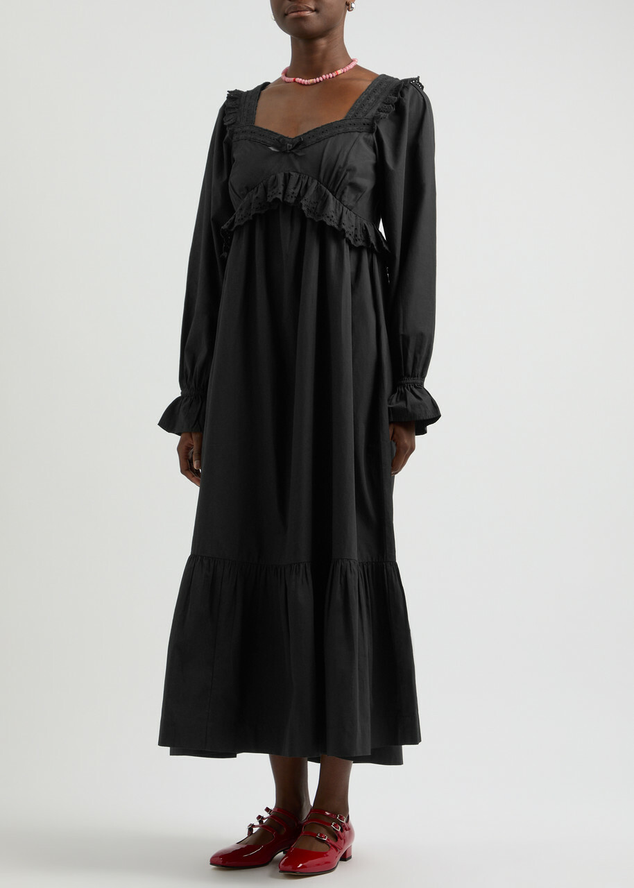 Damson Madder Edith Broderie Anglaise Cotton Midi Dress Black