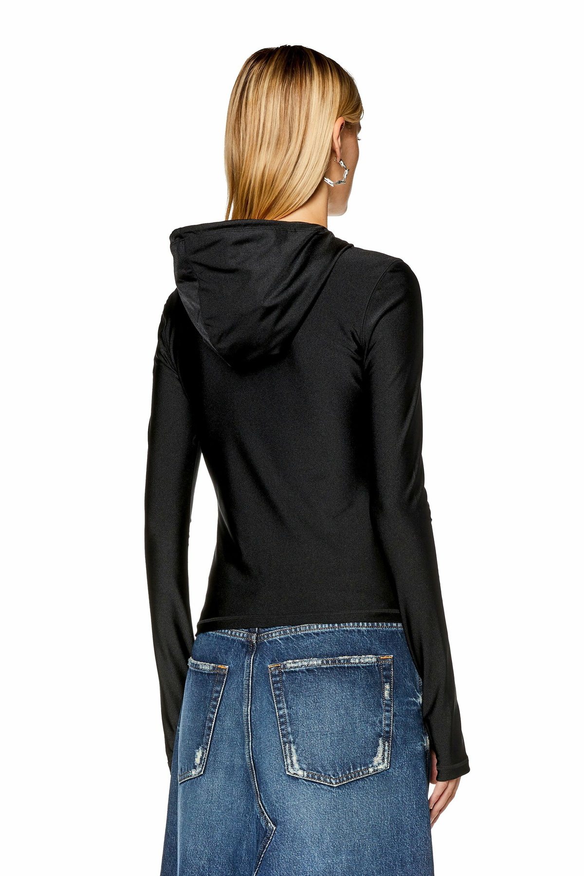 Diesel Hoodie in shiny stretch nylon - T-Shirts Womens in Black
