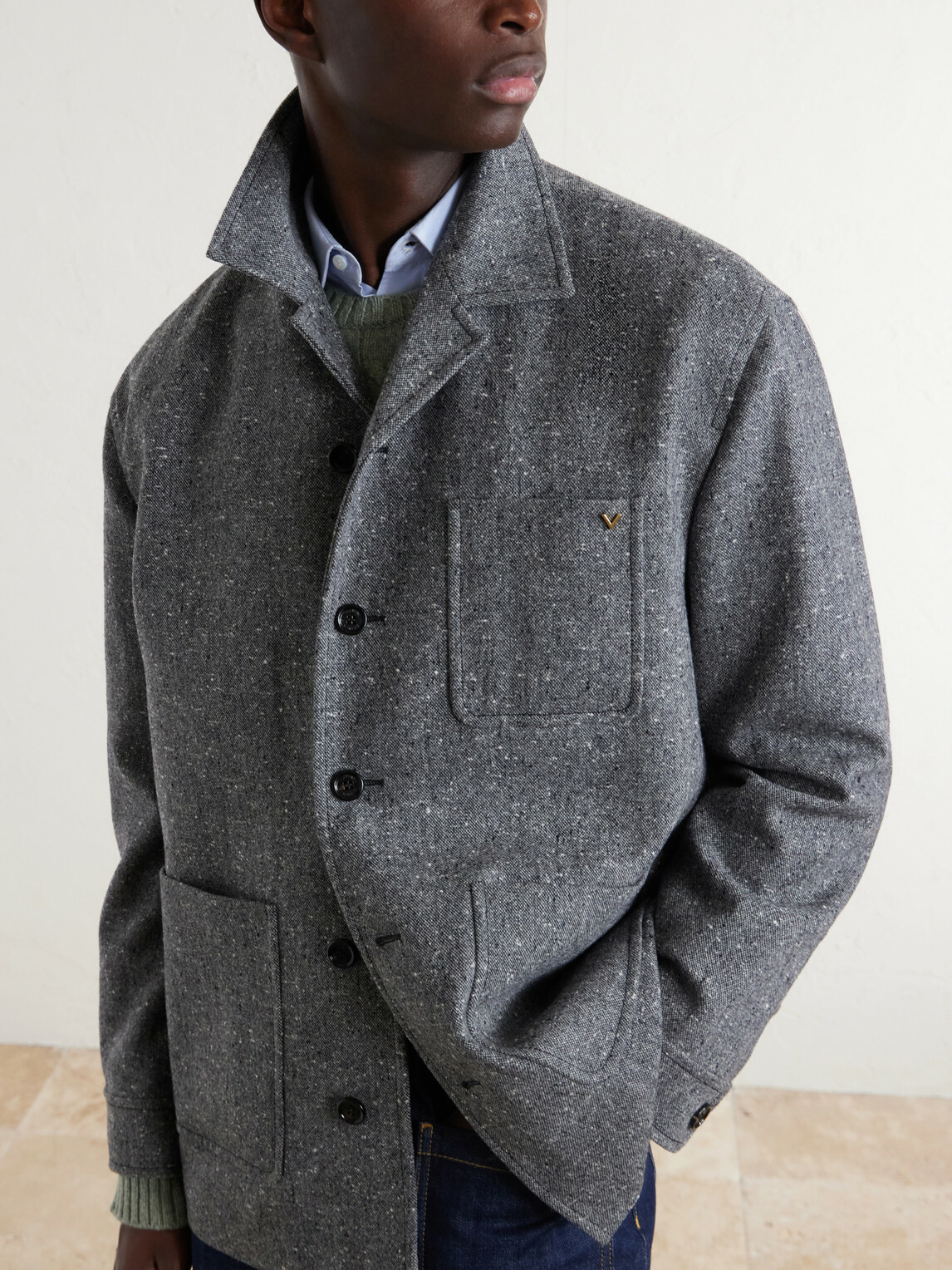 Valentino Garavani - VLogo-Embellished Mélange Virgin Wool Blouson Jacket - Gray