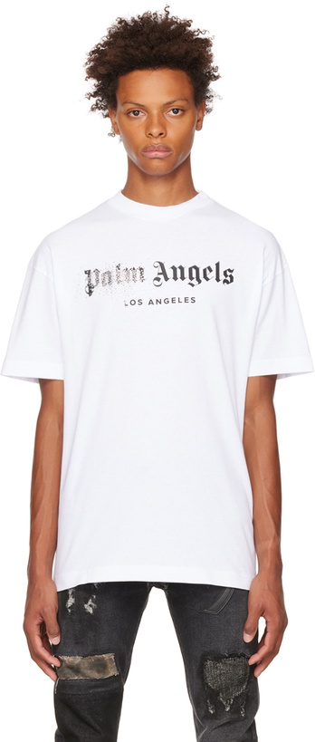 Photo: Palm Angels White Rhinestone Sprayed Classic T-Shirt