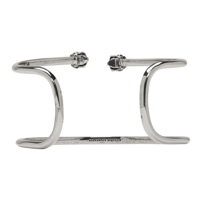 アクセサリー MCQUEEN SILVER THIN TWIN SKULL Bracelet Alexander McQueen Silver Double Thin Raw Twin Skull Bracelet