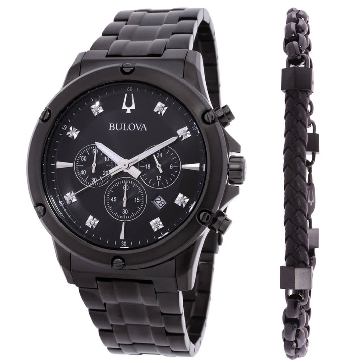 Photo: Bulova Chronograph Quartz Diamond Black Dial Watch Set 98K105