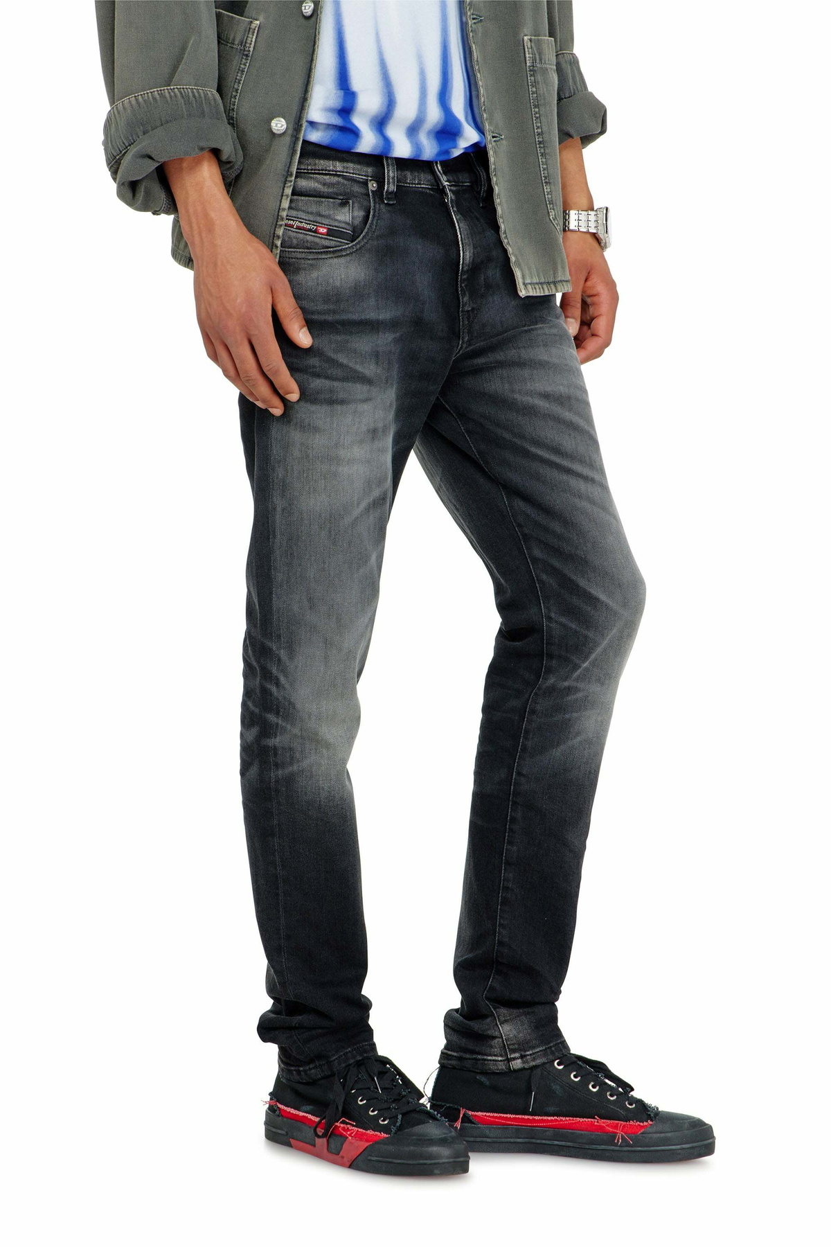 Diesel Slim Jeans Regular Waist 2019 D-Strukt, Black/Dark grey, Zip fly