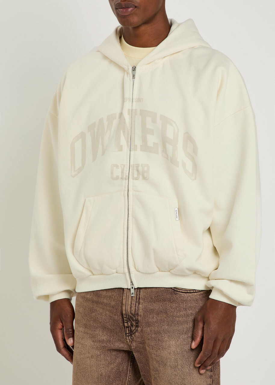 Represent Owners Printed Hooded Zip-through Cotton Sweatshirt White
