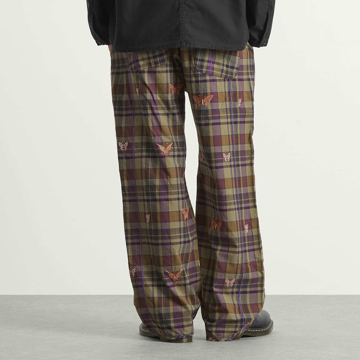 Needles Men's Embroidered Madras Plaid Easy Pants in Brown