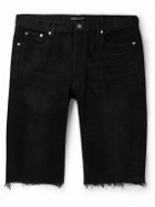 SAINT LAURENT - Straight-Leg Distressed Leather-Trimmed Denim Shorts - Black