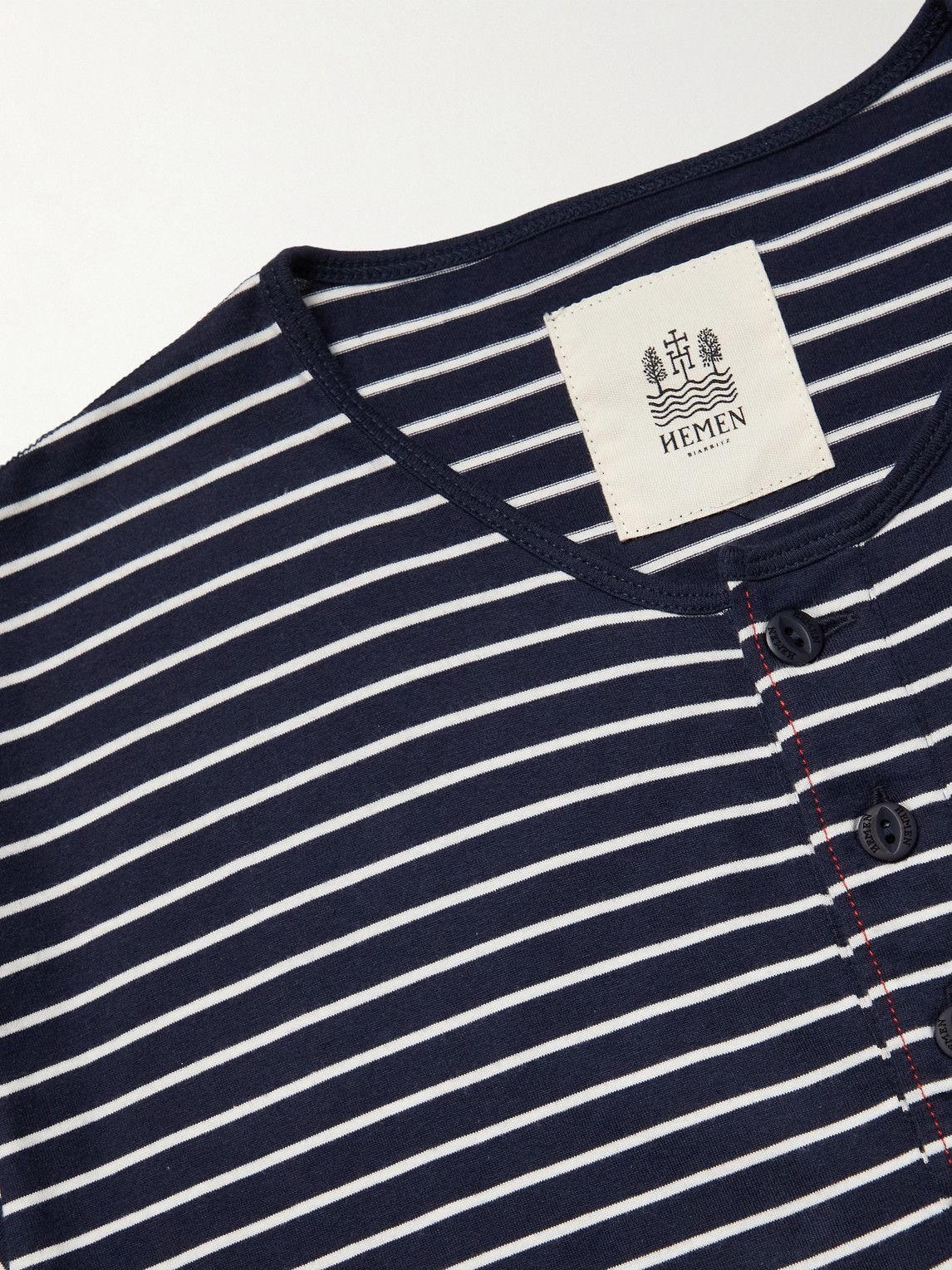 Hemen Biarritz - Niko Slim-Fit Striped Organic Cotton-Jersey Henley T-Shirt - Blue