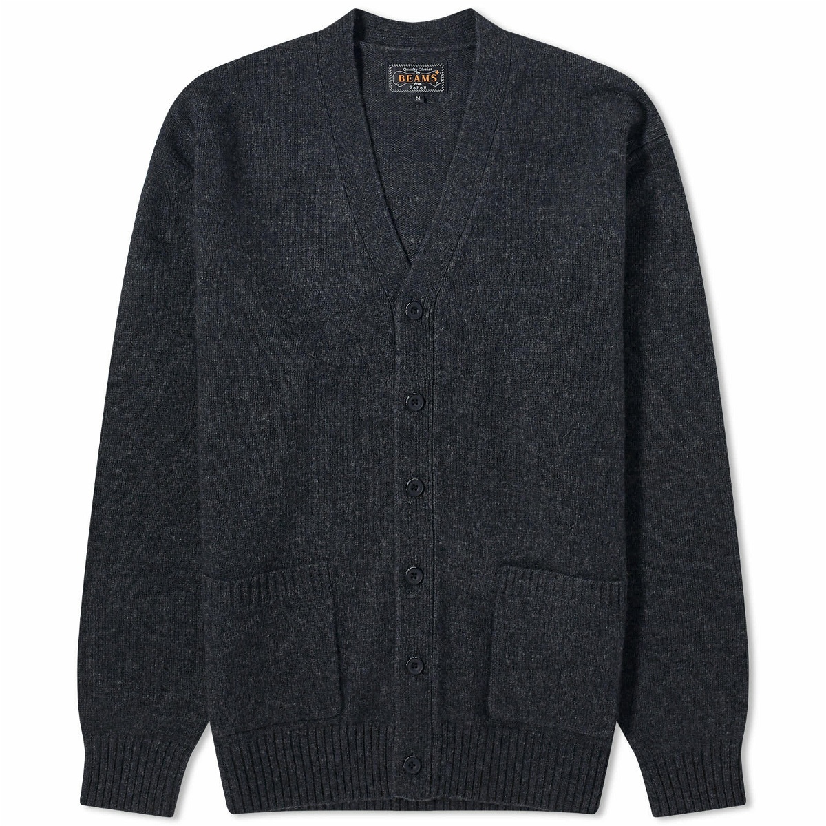 Photo: Beams Plus Men's 7G Elbow Patch Cardigan in Charcoal