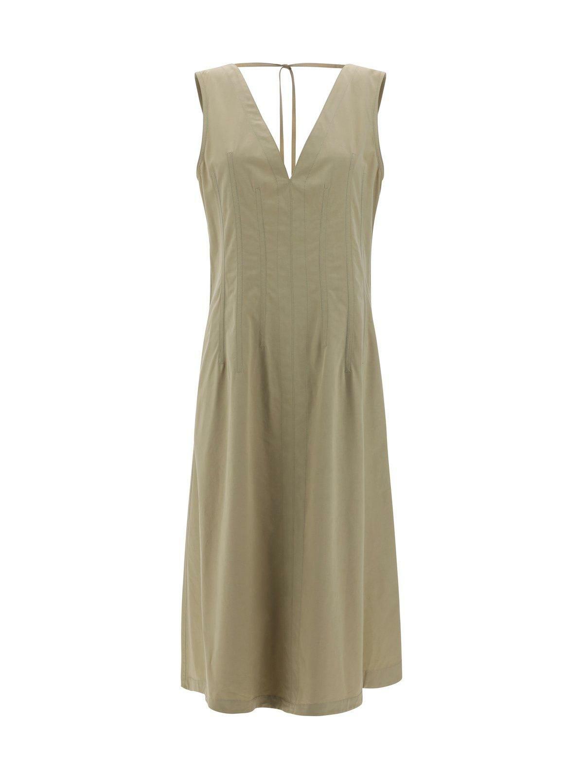 Bottega Veneta Tan and Off-White Ribbed Fringed Dress