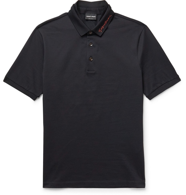 Photo: Giorgio Armani - Slim-Fit Logo-Embroidered Stretch-Cotton Piqué Polo Shirt - Blue