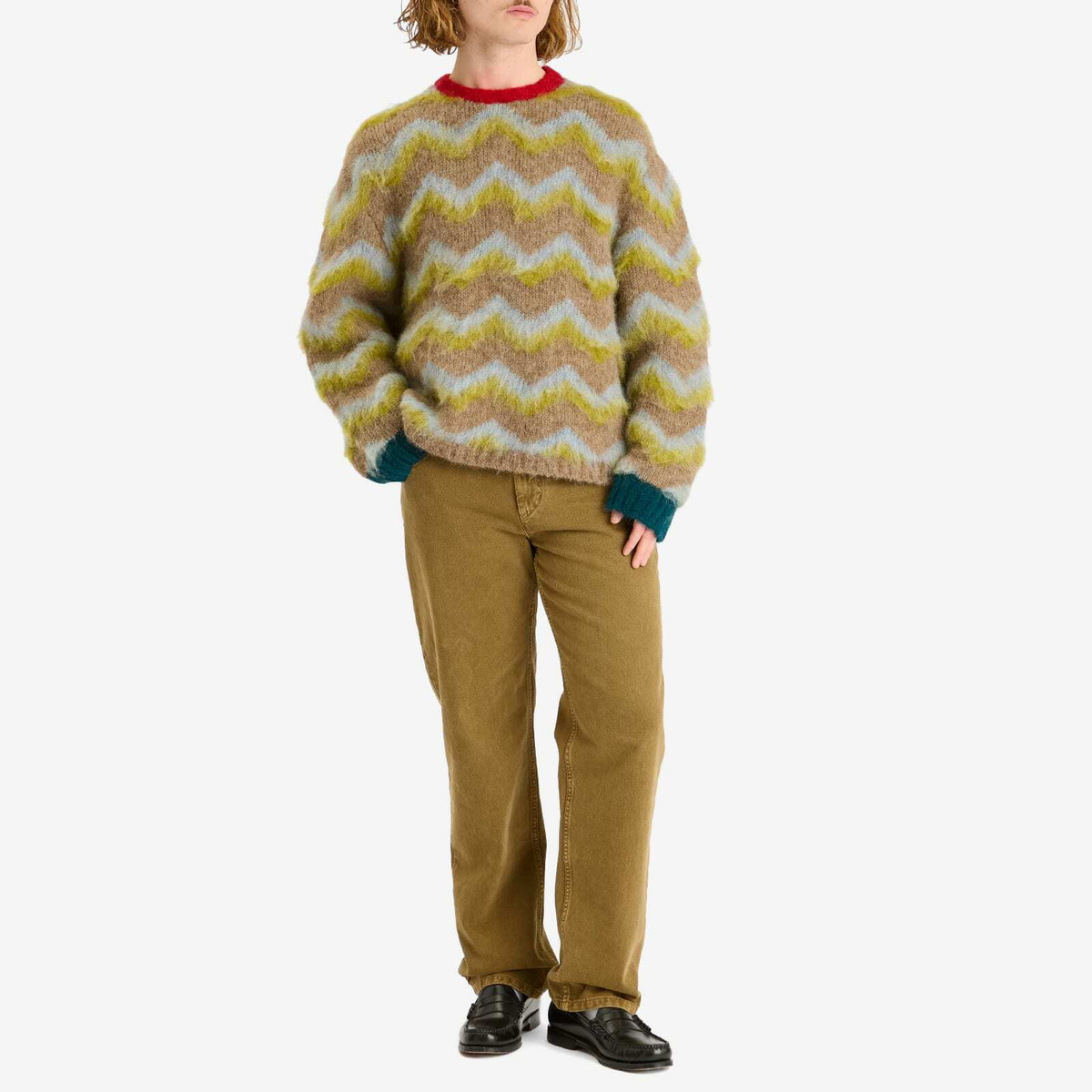 Brain Dead Men's Zig Zag Boxy Knit Jumper in Taupe Multi