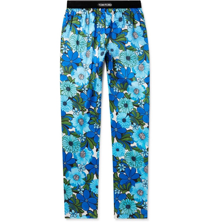 Photo: TOM FORD - Velvet-Trimmed Printed Stretch Silk-Satin Pyjama Trousers - Blue