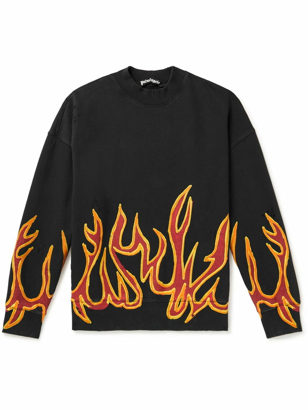 Photo: Palm Angels - Printed Distressed Cotton-Jersey Sweatshirt - Black