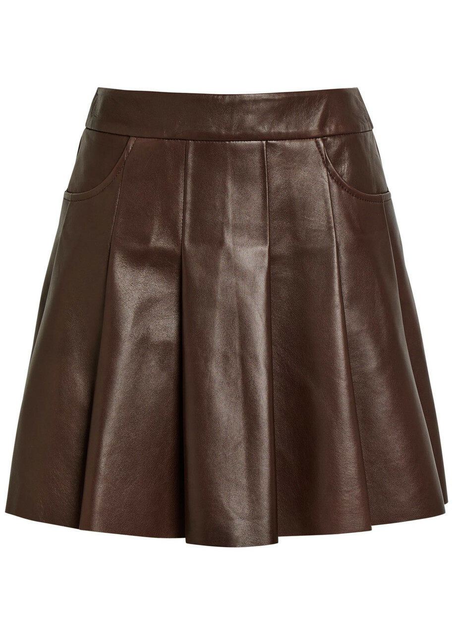 Nour Hammour Pleated Leather Mini Skirt Brown