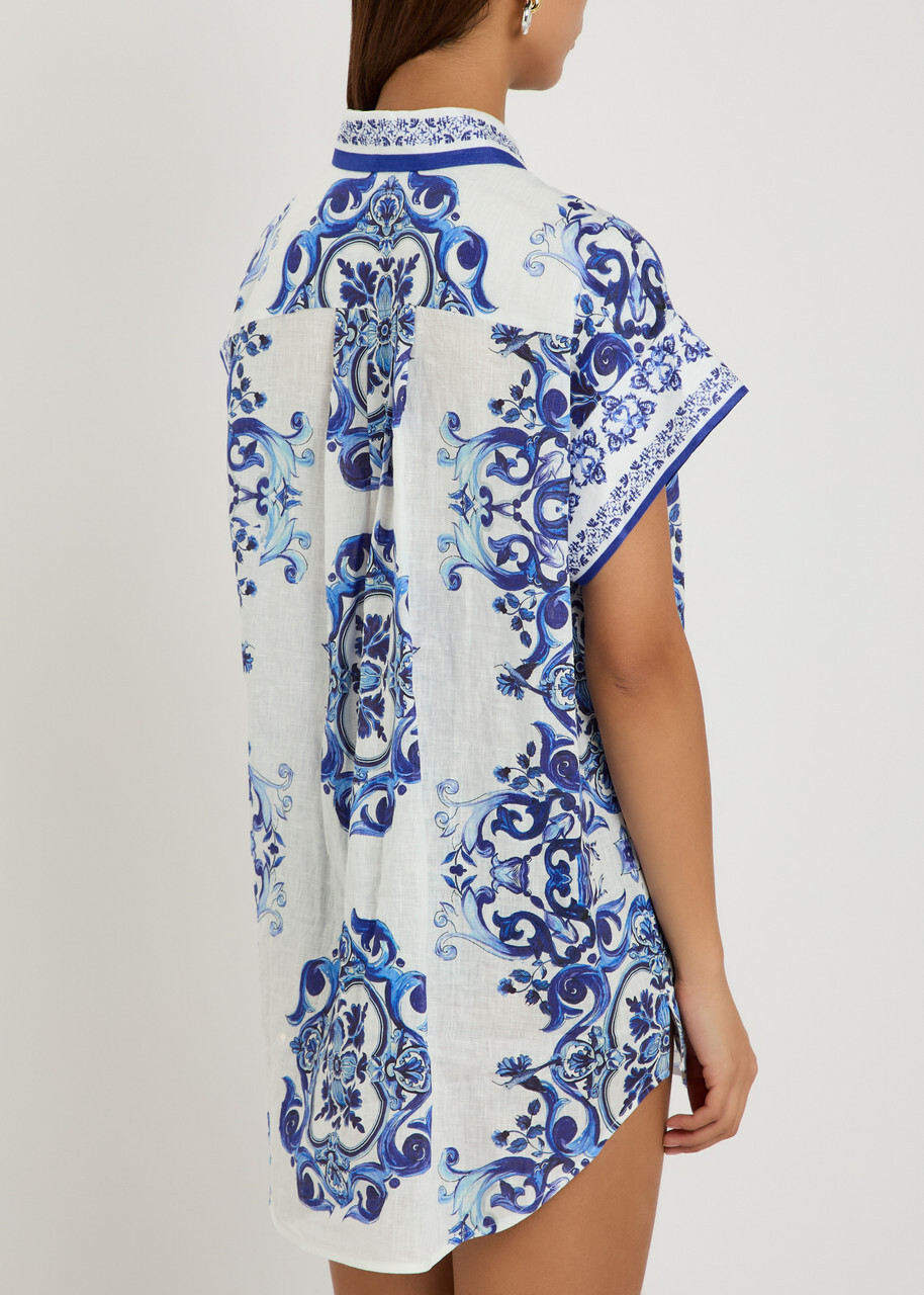 Alice + Olivia Finely Printed Linen Mini Shirt Dress Blue And White