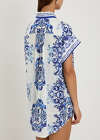 Alice + Olivia Finely Printed Linen Mini Shirt Dress Blue And White