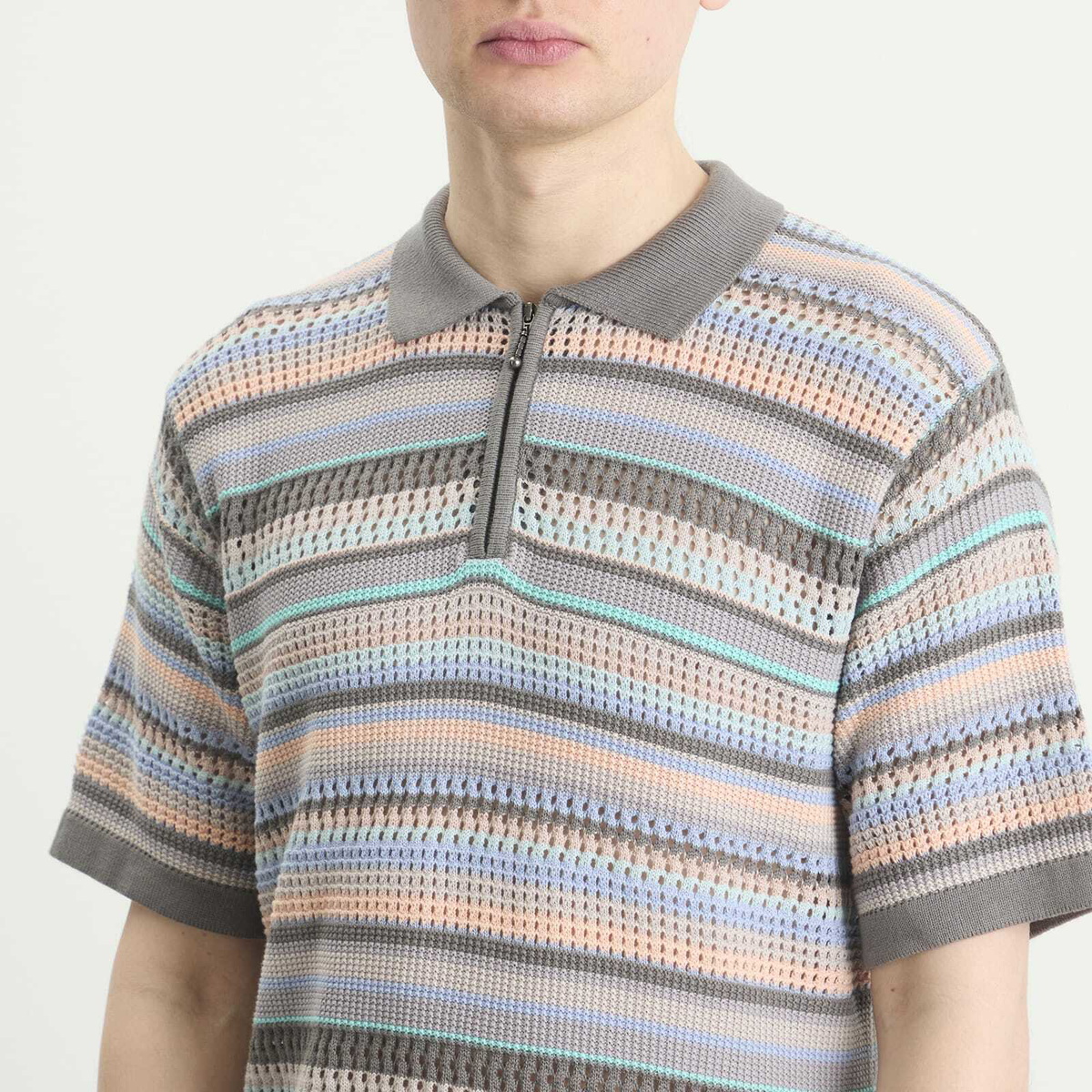thisisneverthat Men's Striped Knit Polo in Pink Grey