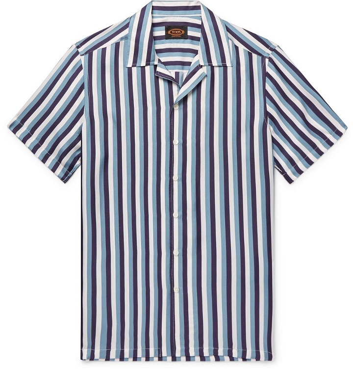 Photo: Tod's - Camp-Collar Striped Silk-Twill Shirt - Men - Navy