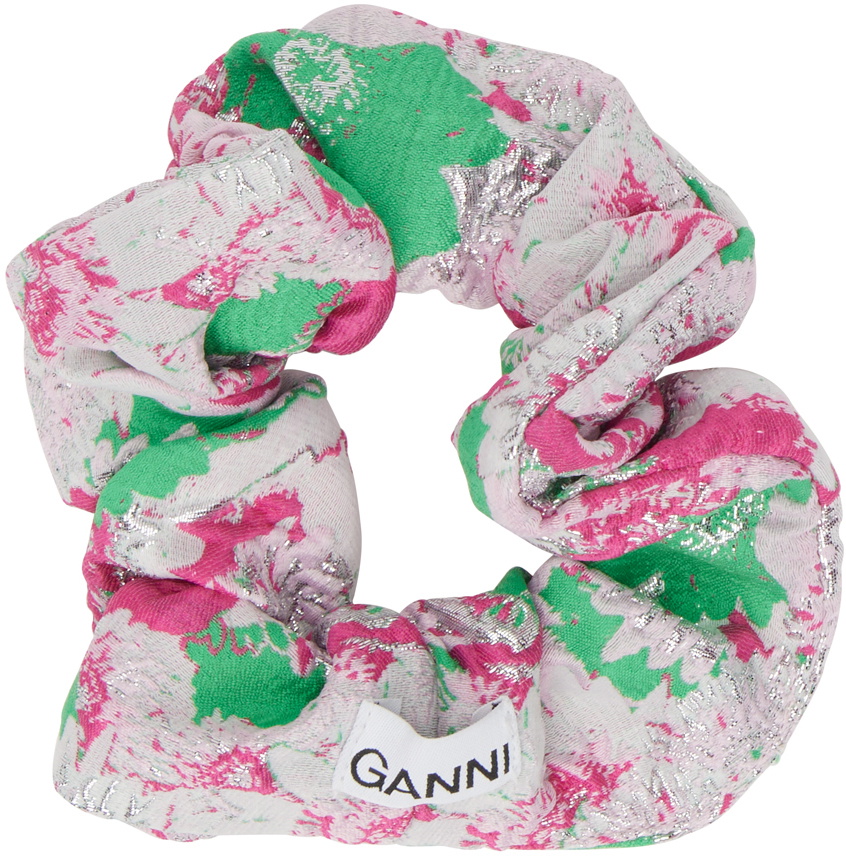Green floral scrunchie with pink piping main image 1