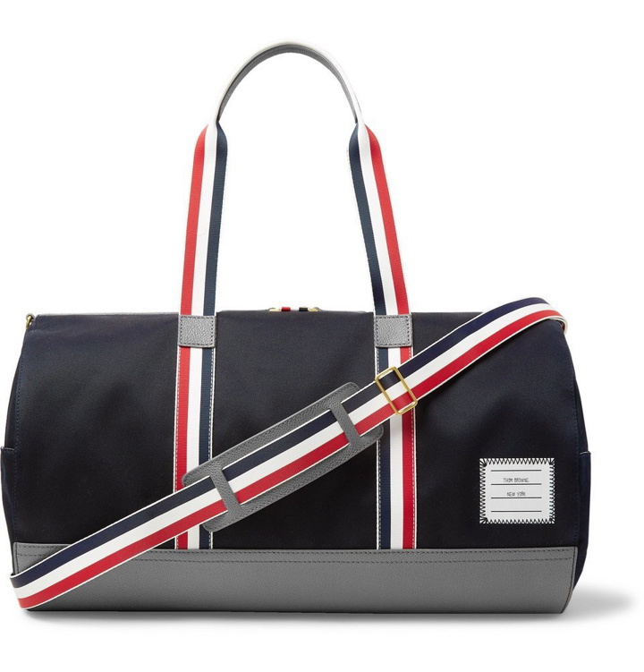 Photo: Thom Browne - Full-Grain Leather and Webbing-Trimmed Twill Duffle Bag - Midnight blue