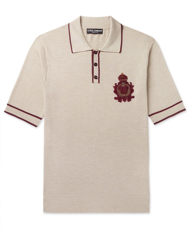 Photo: DOLCE & GABBANA - Slim-Fit Appliquéd Contrast-Tipped Silk-Blend Polo Shirt - Neutrals
