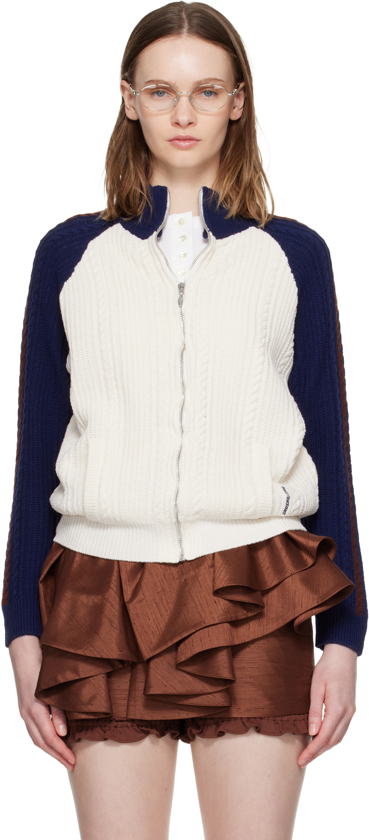 SHUSHU/TONG Off-White & Navy Color-Block Raglan Sleeve Knit Cardigan