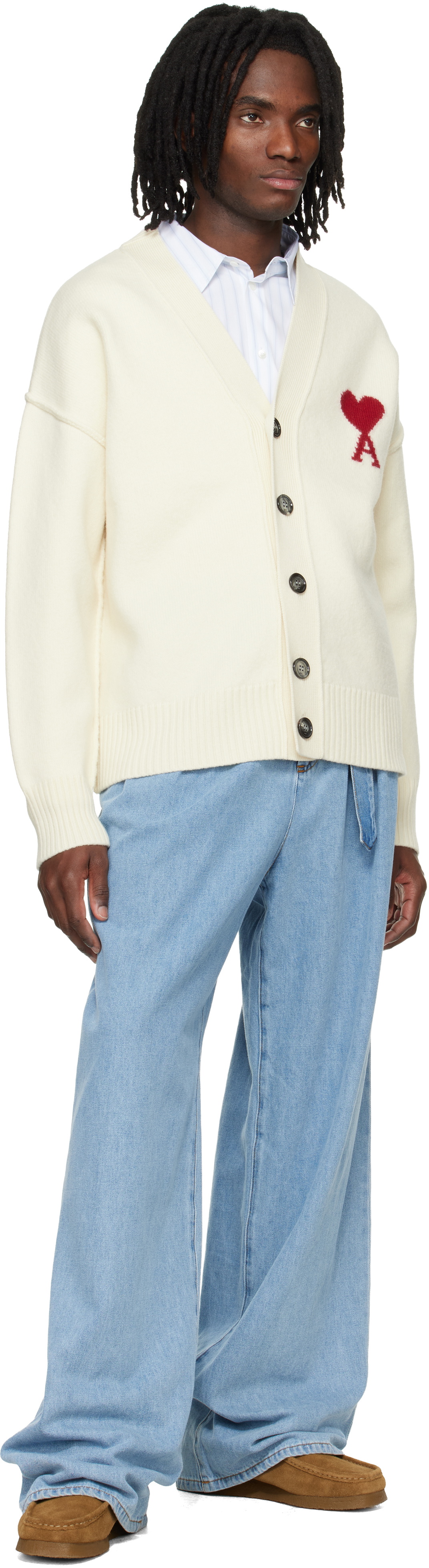 AMI Paris Off-White Wool Contrasted Ami de Coeur Cardigan