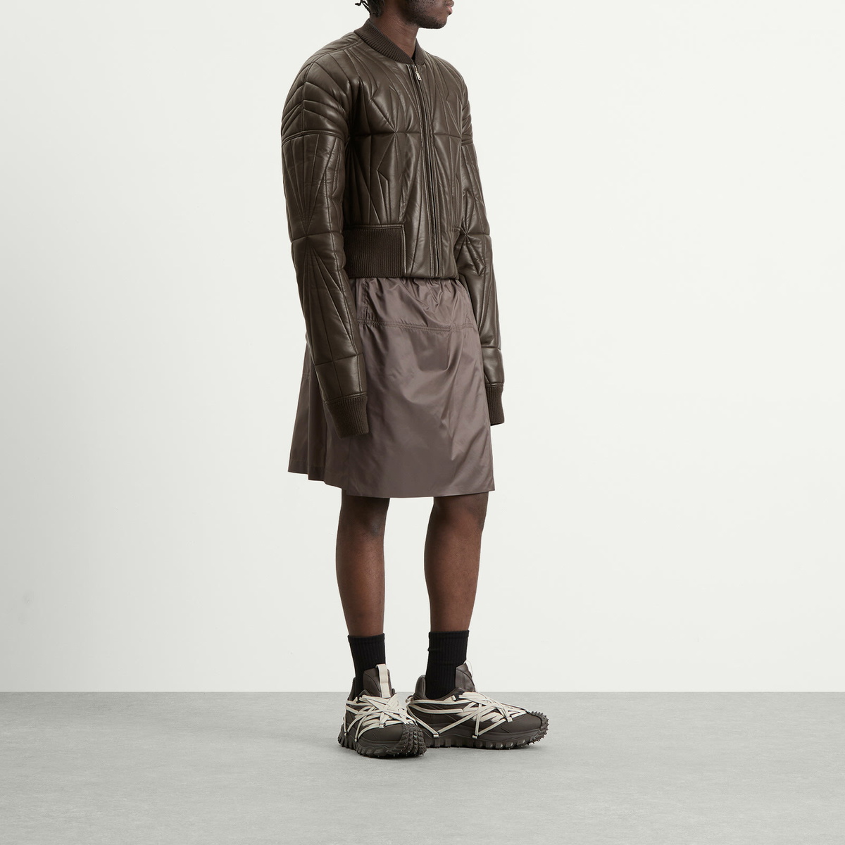 Rick Owens x Moncler Geocamo Cropped Leather Jacket in Dark Dust
