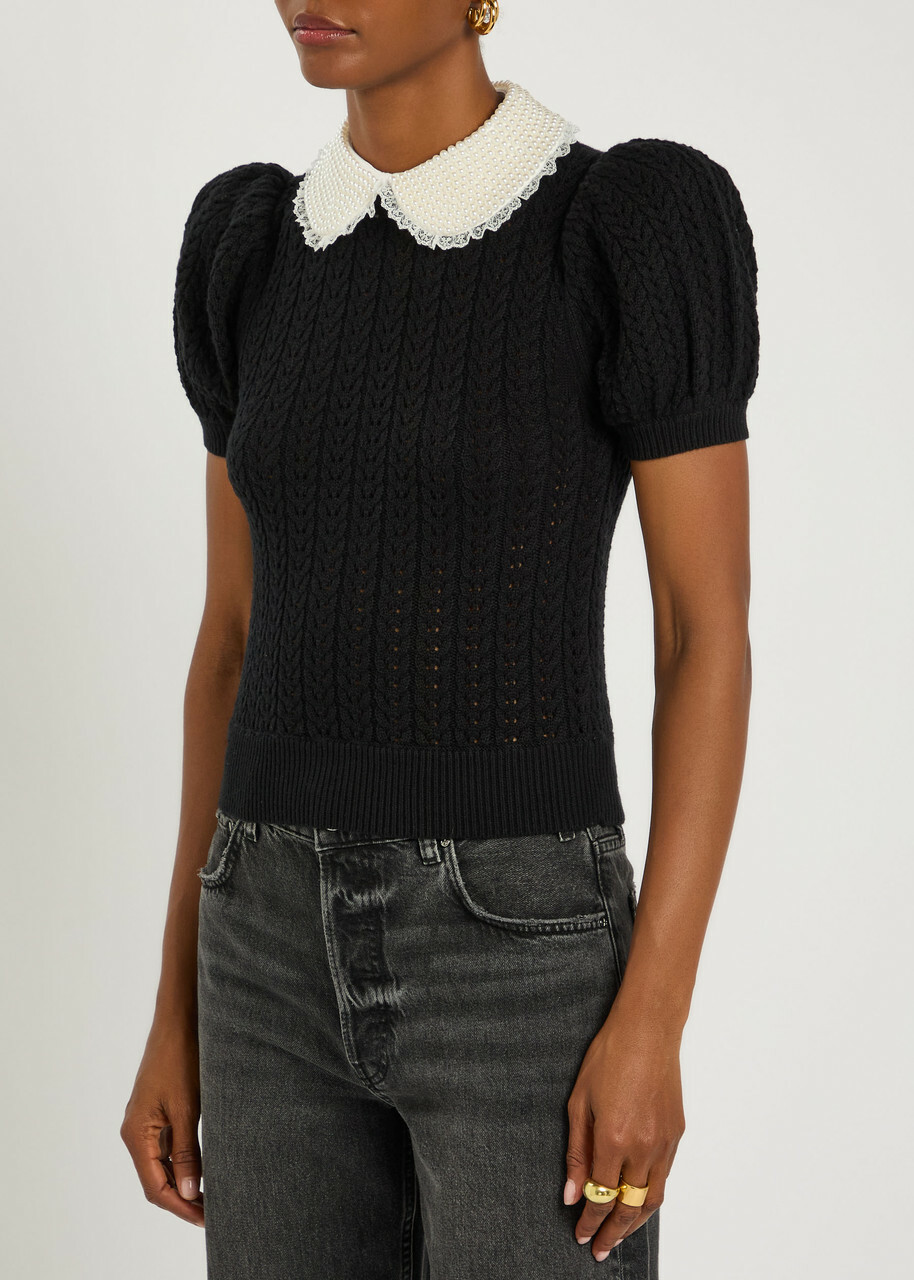 Alice + Olivia Chase Puff Faux Pearl-embellished Cotton-blend top Black