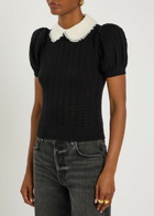 Alice + Olivia Chase Puff Faux Pearl-embellished Cotton-blend top Black
