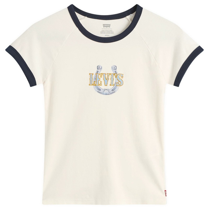 Photo: Levi's Women's Horseshoe Raglan T-Shirt in Sugar Swizzle/Dark Sapphire
