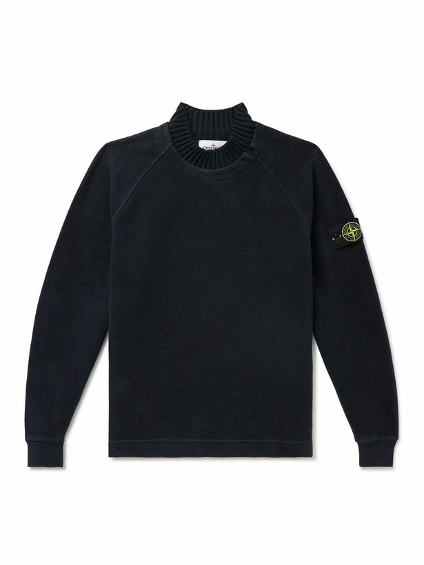 Photo: Stone Island - Wool-Trimmed Logo-Appliquéd Cotton-Blend Fleece Sweatshirt - Blue