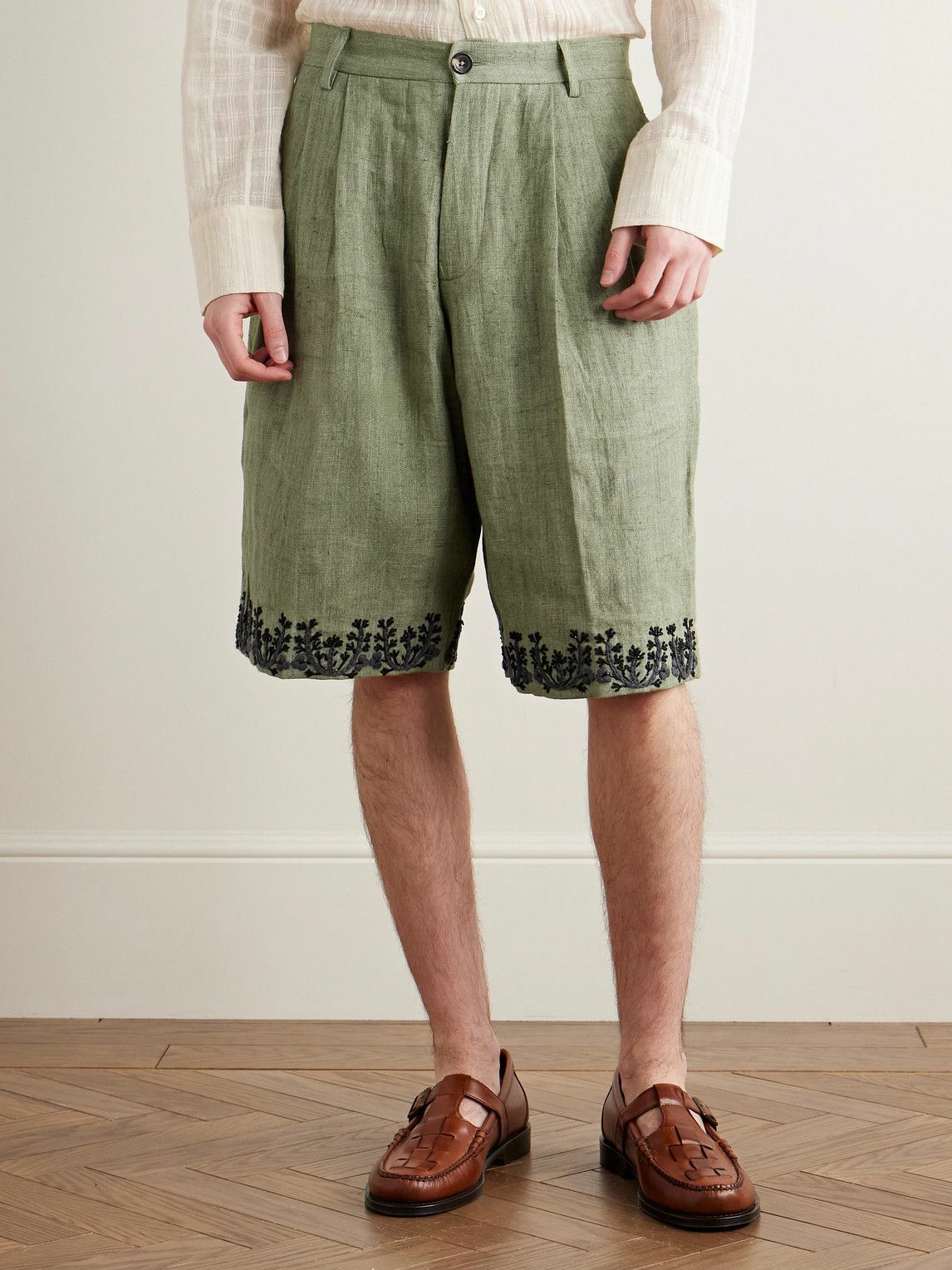 Kartik Research - Wide-Leg Pleated Embellished Embroidered Cotton Shorts - Green