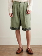 Kartik Research - Wide-Leg Pleated Embellished Embroidered Cotton Shorts - Green