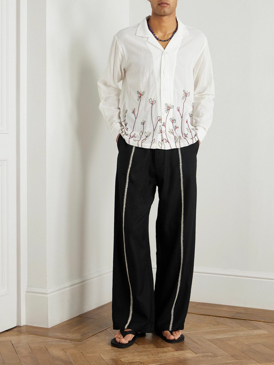 Kartik Research - Manari Straight-Leg Embroidered Textured-Wool Trousers - Black