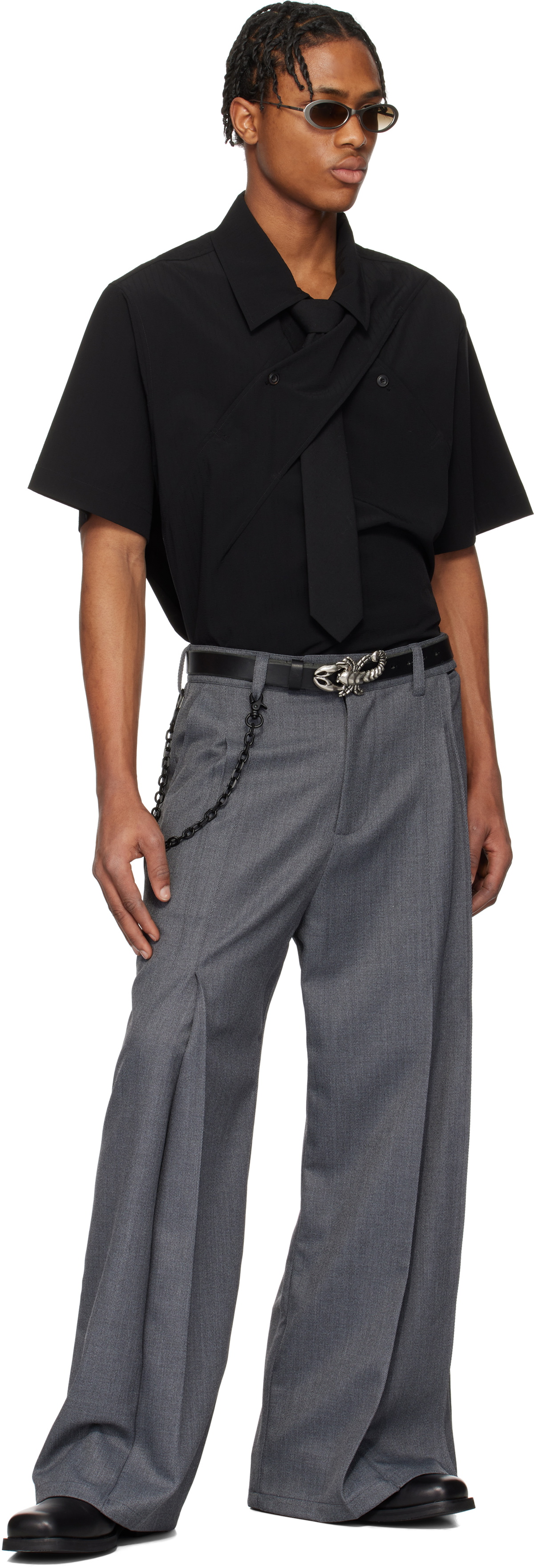 NULLUS Gray Belted Large Pleated Trousers NULLUS